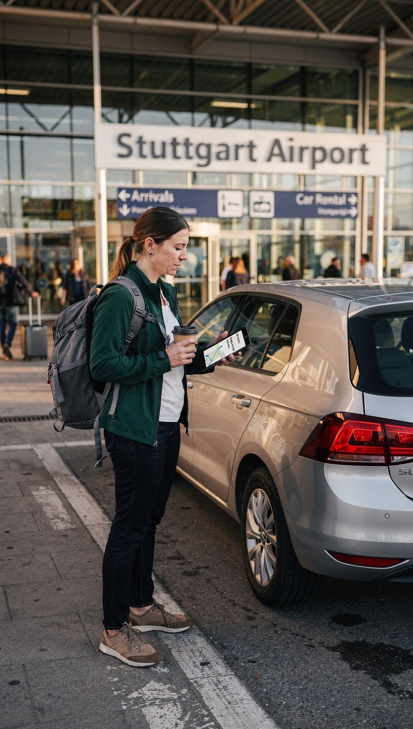 Illustration von einem Fahrer, der lokale Verkehrszeichen in Deutschland betrachtet.